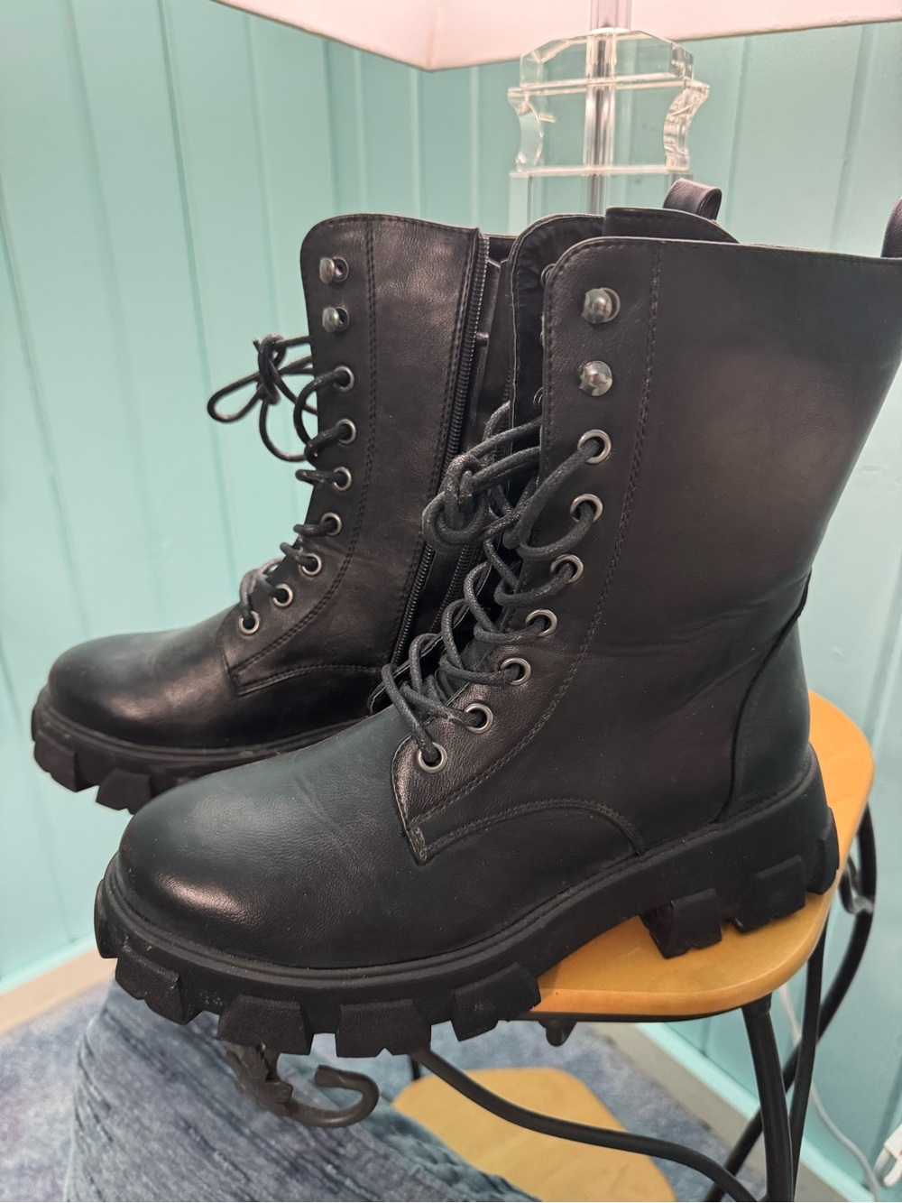 Women's Black Lace-Up Chunky Combat Boots